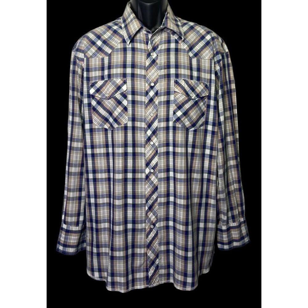 Wrangler Single Needle Mens Blue Plaid Pearl Snap Long Tail‎ Size XL - Picture 13 of 13